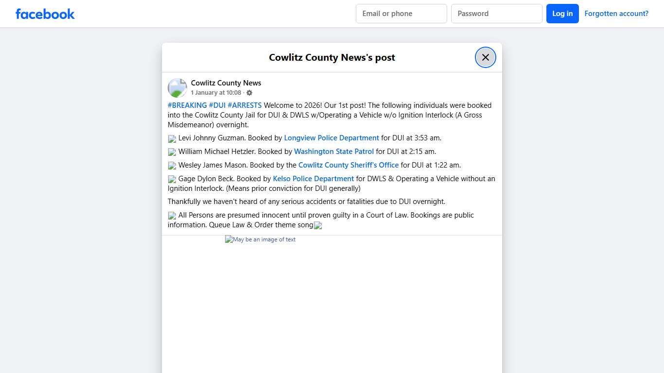 #BREAKING #DUI #ARRESTS Welcome to... - Cowlitz County News Facebook